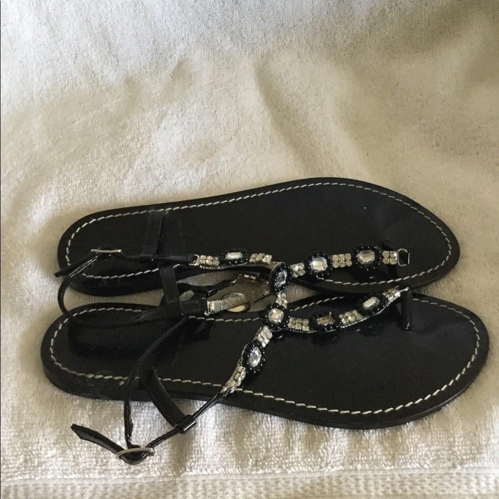 J Crew Women’s Black leather sandals w/crystal Sz7